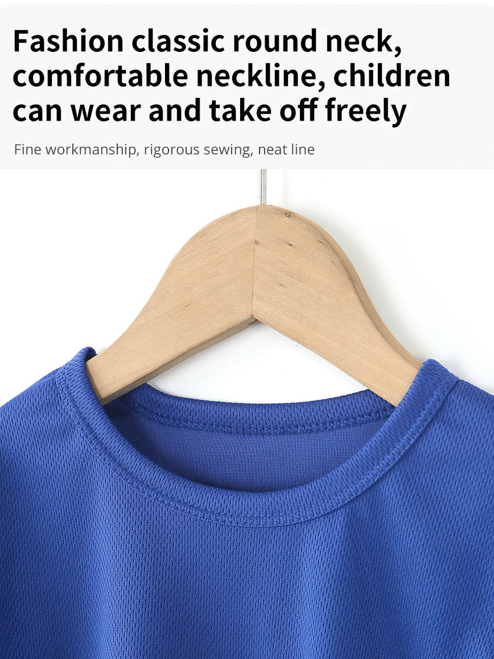 Blue round neck mesh t-shirt on hanger showcasing fine stitching and breathable fabric, ideal for kids' comfort and easy wear.